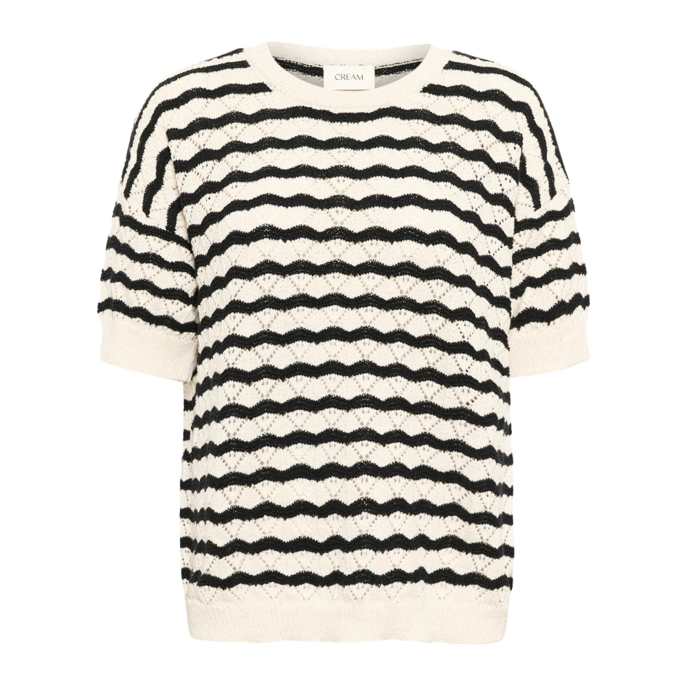 Cream Women's Beige Striped Knit Blouse Short Sleeve - Round-Neck Knitwear - L - Knitwear