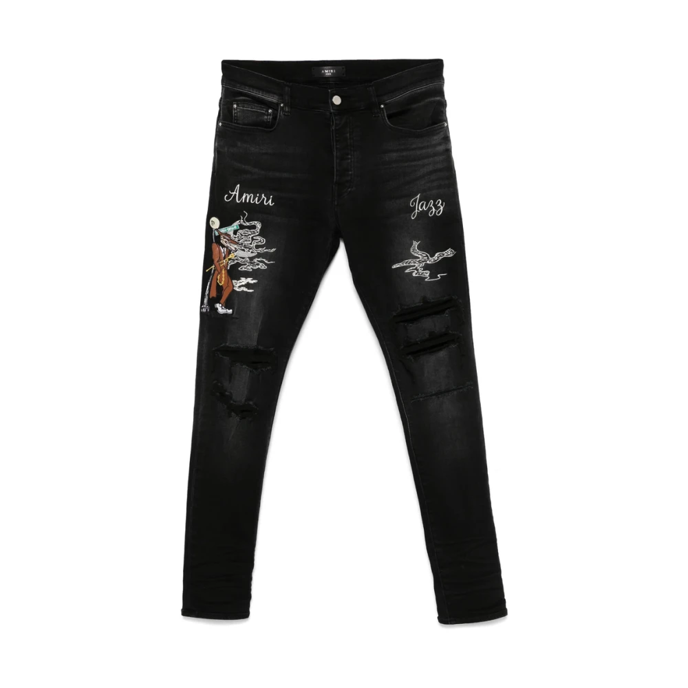 Amiri Zwarte Ripped Jeans met Geborduurd Motief Black Heren