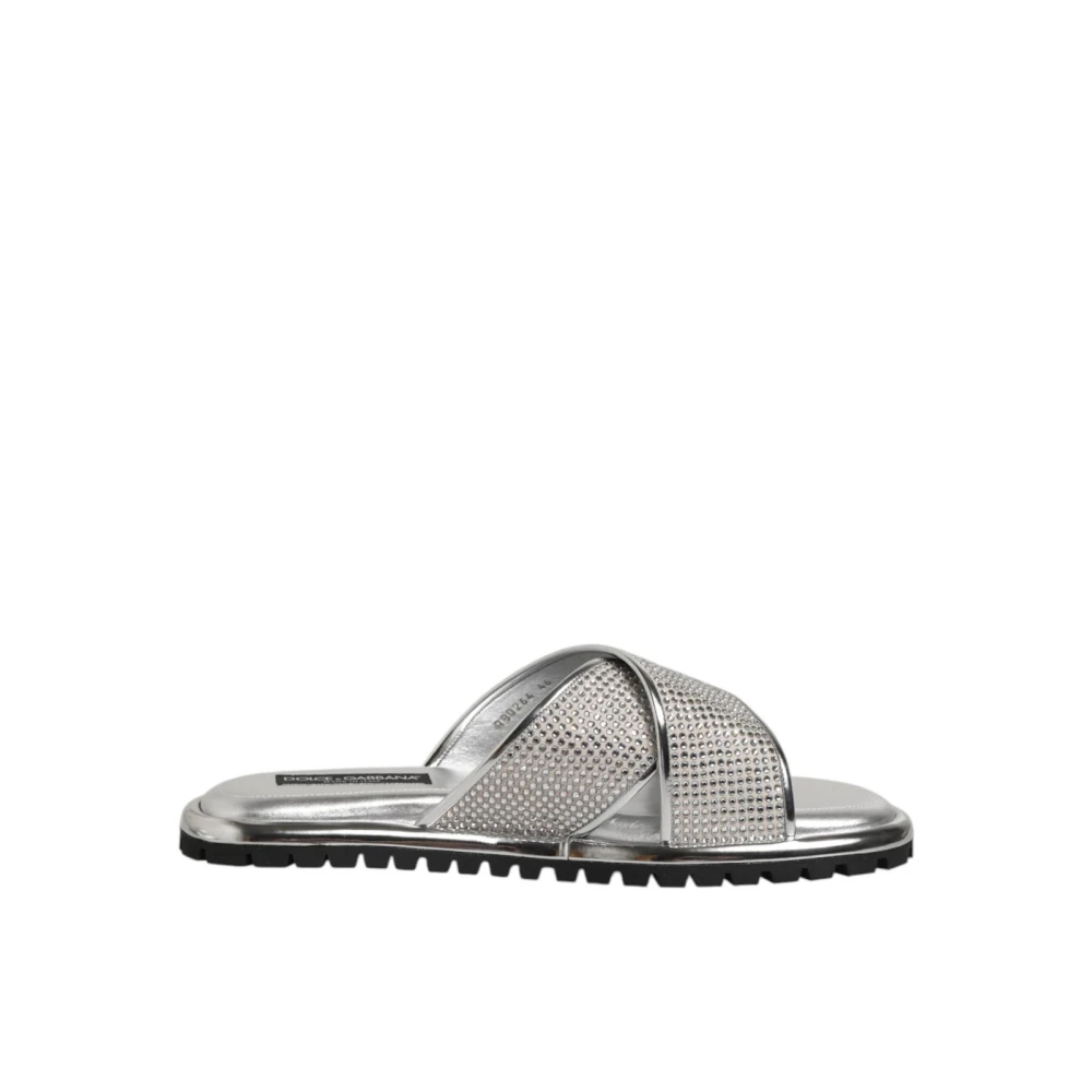 Dolce & Gabbana Men's Gray Sliders, 11 Uk, Silver Strass Slide Flats
