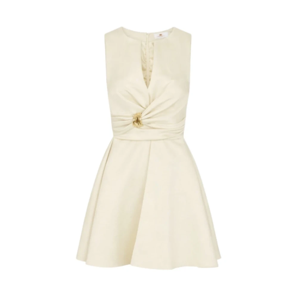 Elisabetta Franchi Beige Short Dresses, Female, M, Duchess Satin Dress With Jewel Detail