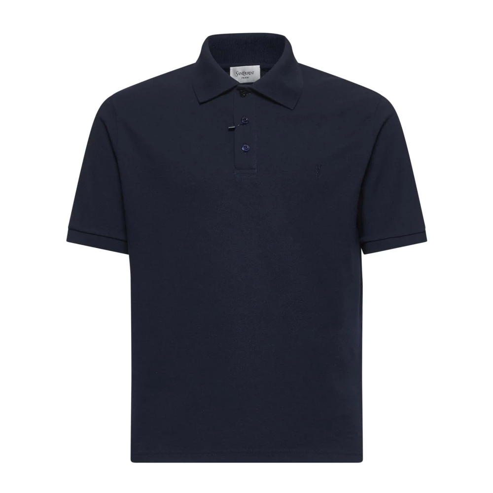 Saint Laurent Men's Blue Polo Shirts, L, Polo Shirt With Cassandre Embroidery