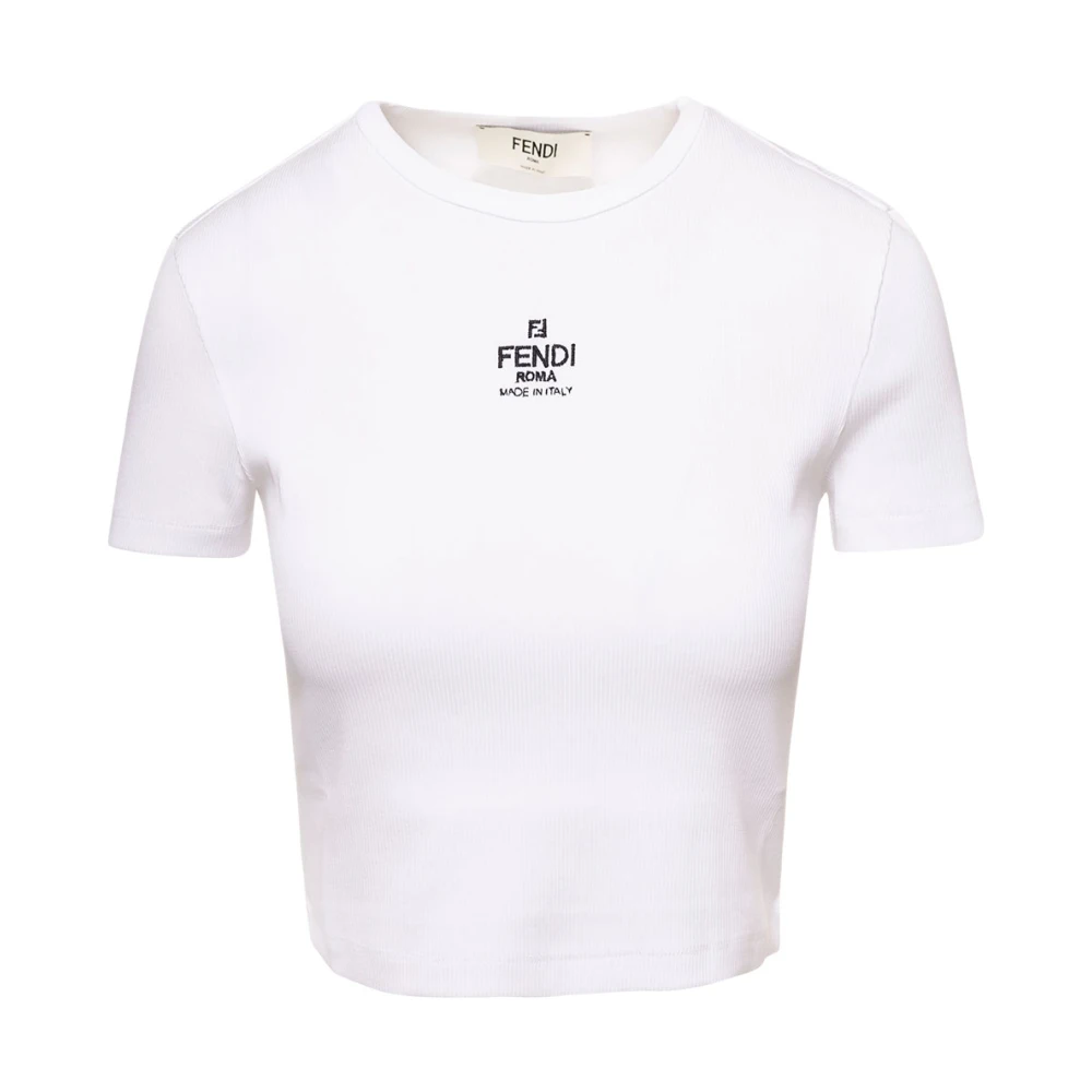 Fendi Women's White Ribbed Crop T-Shirt With Logo Embroidery - T-Shirts - L - Tops