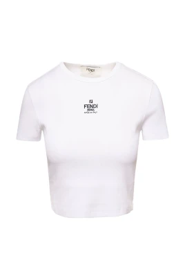 Ribbad Croppad T-shirt med Logobroderi