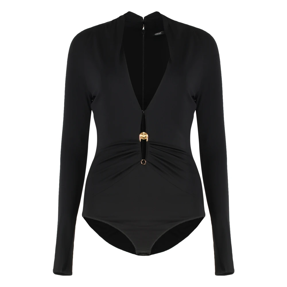 Versace Black Logo Detail Jersey Bodysuit - Female - Full-Body - M - Tops