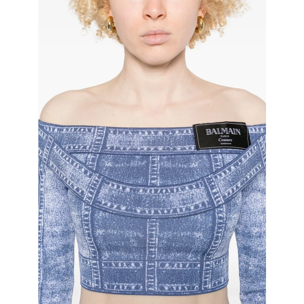 Balmain Denim Effect Longsleeve Top met Logo Blue Dames