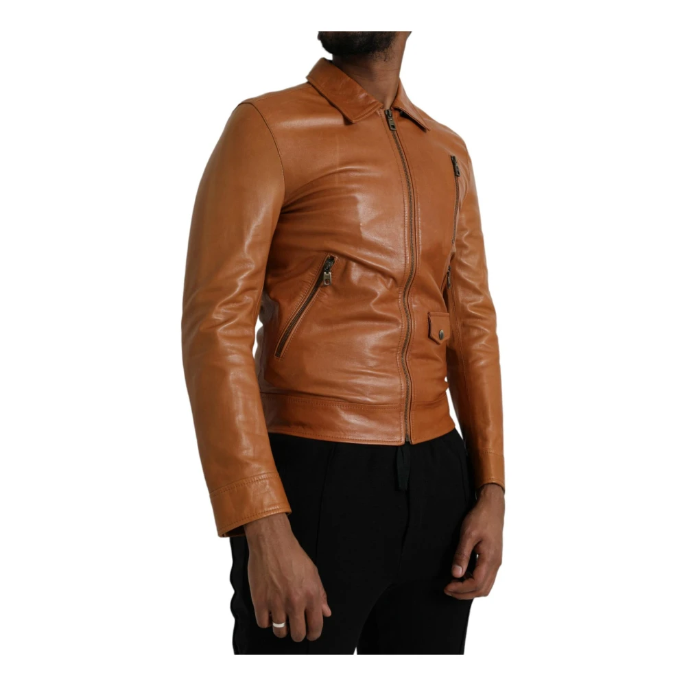 Dolce & Gabbana Bruin Leren Zip Blouson Jack Brown Heren