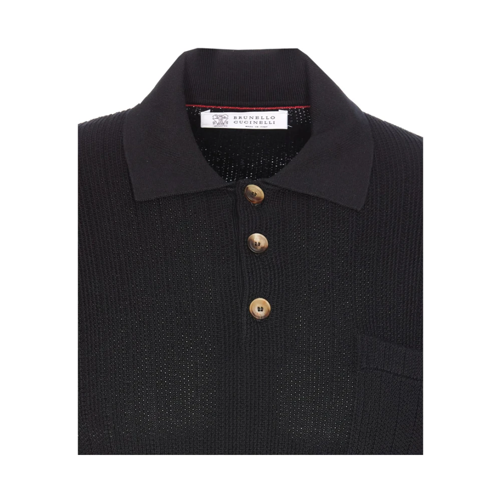 BRUNELLO CUCINELLI Zwarte Polo Kraag Sweater met Borstzak Black Heren