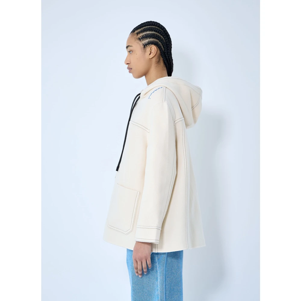 Marni Kasjmier Wol Hoodie Jas Geborduurde Zakken Beige Dames