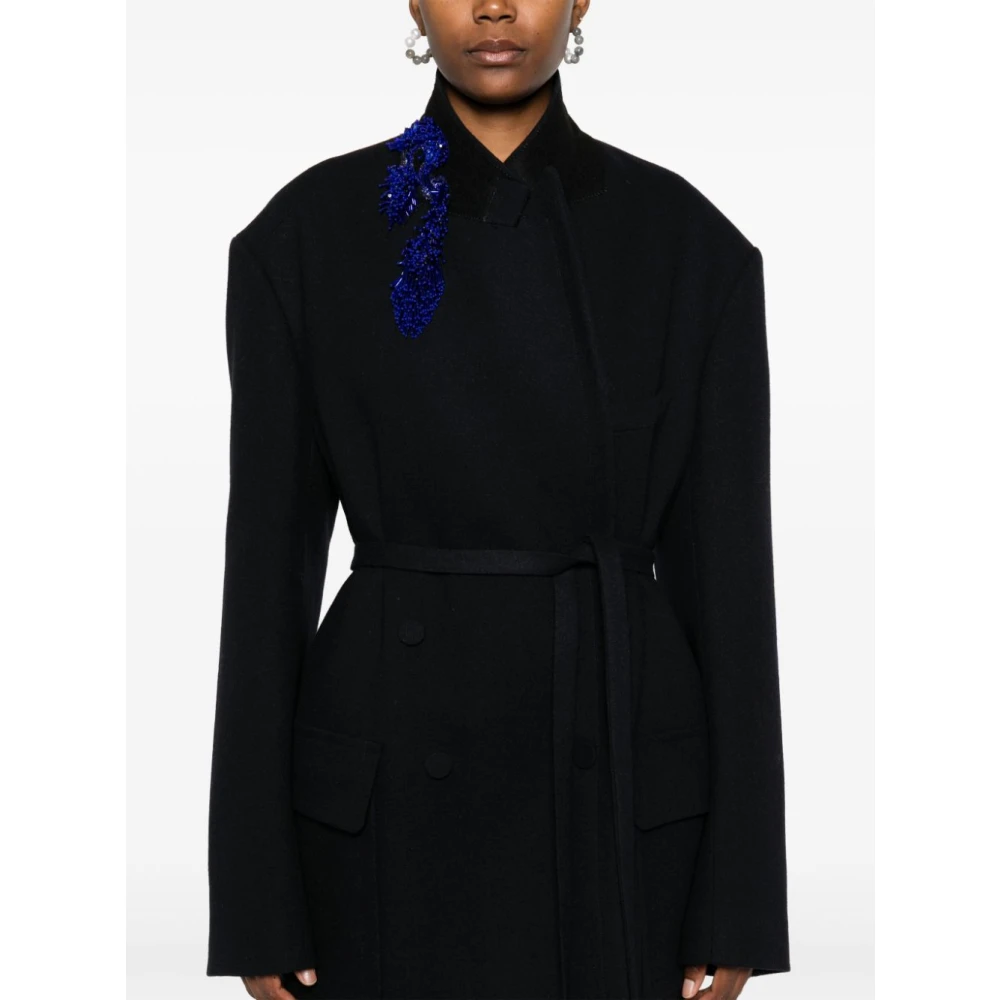 Dries Van Noten Geborduurde Wollen Jas Marineblauw Blue Dames