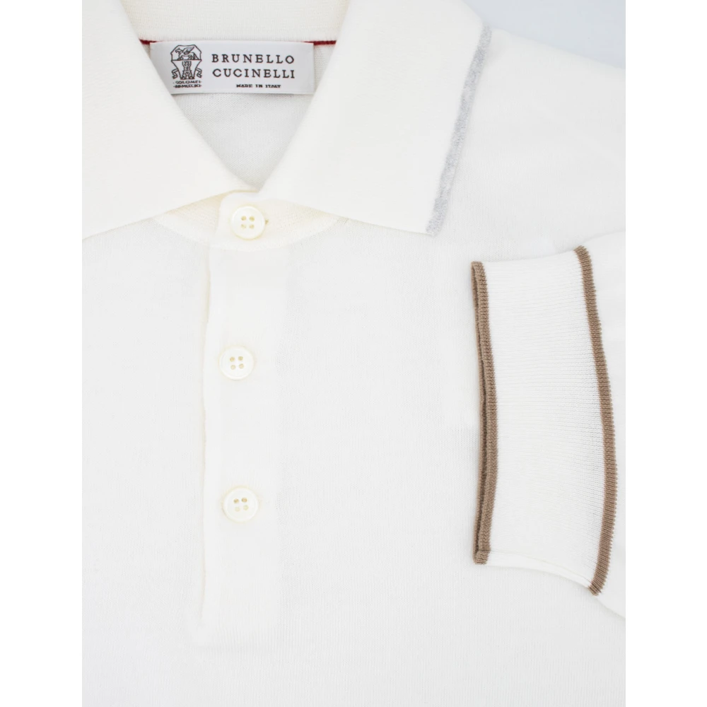 BRUNELLO CUCINELLI Gebreid Katoenen Poloshirt met Logo Knoopsluiting White Heren