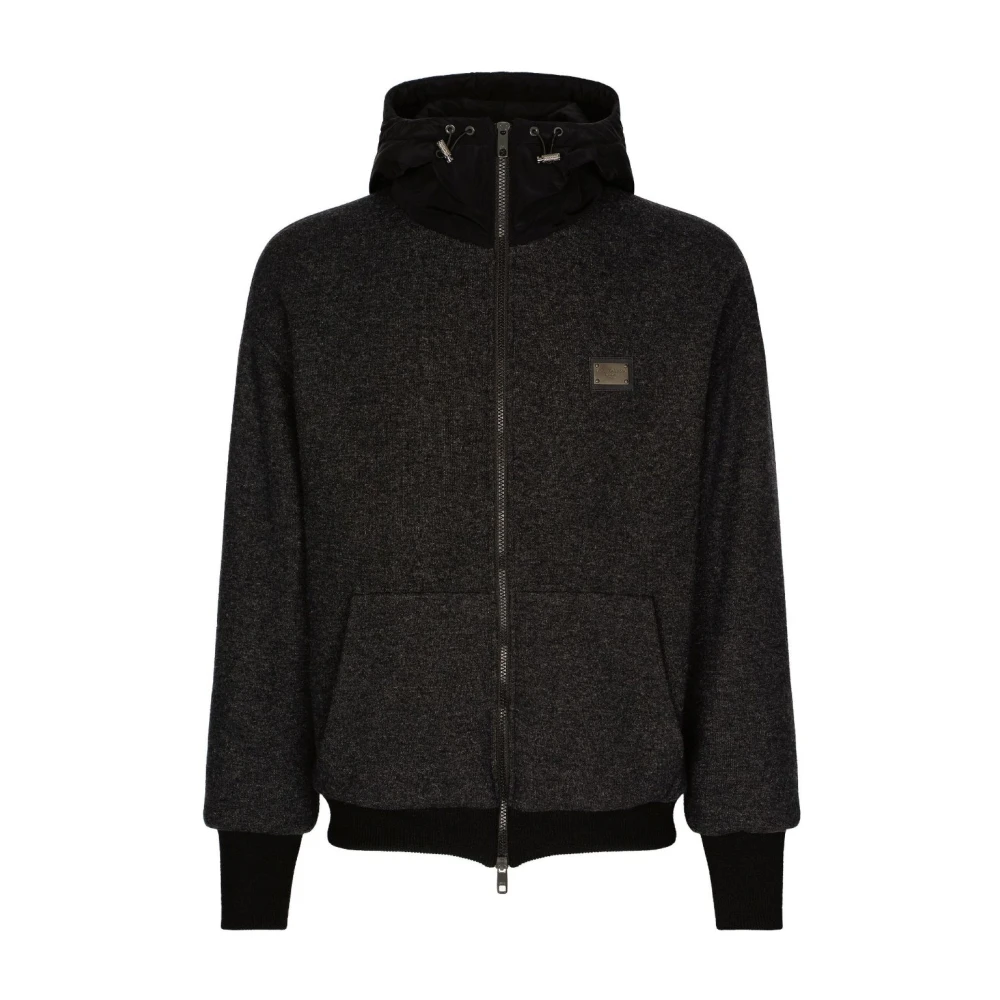 Dolce & Gabbana Men's Black Zip-Throughs,, Jackets With Drawstring Hood And Logo Plaque Medium