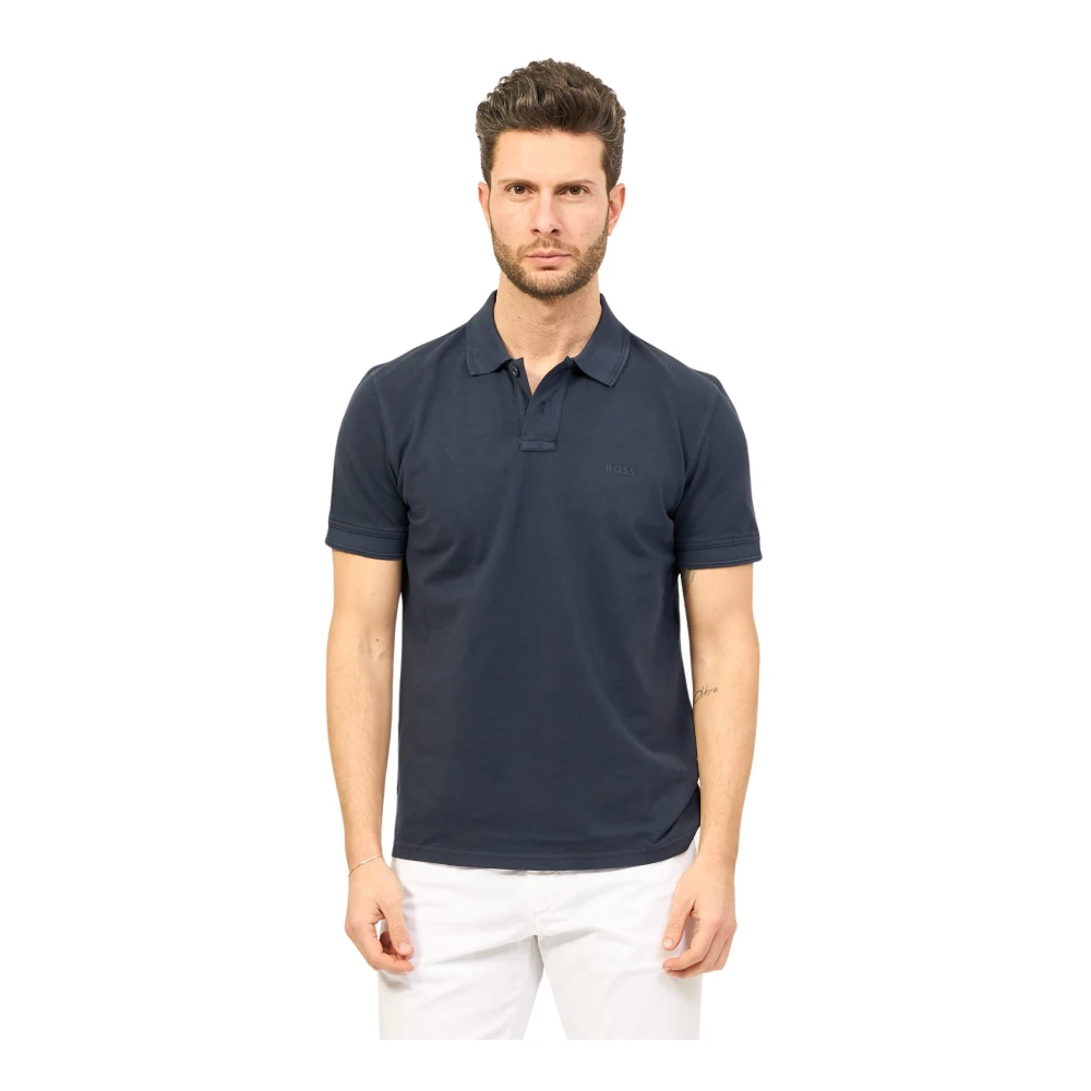 Boss Blauw Polo Shirt Piqué Logo Print Blue Heren