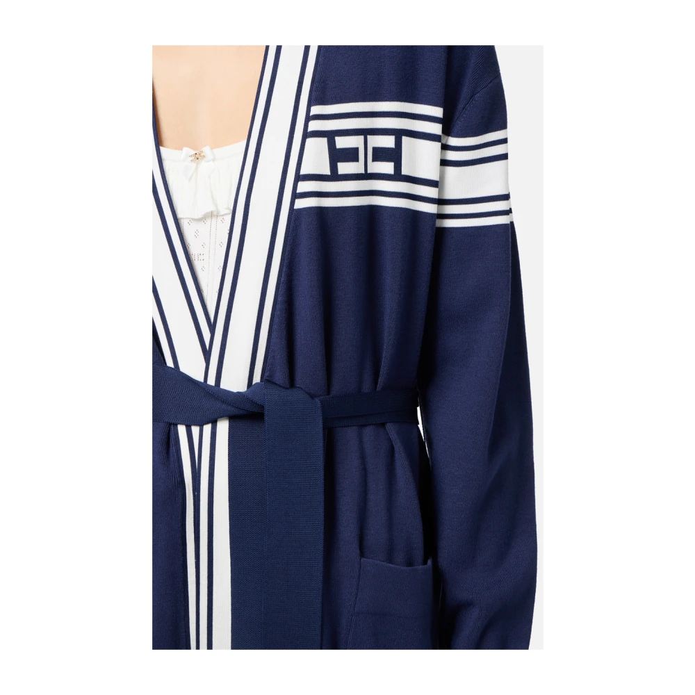 Elisabetta Franchi Blauwe Lange Cardigan met Contrastbanden Blue Dames