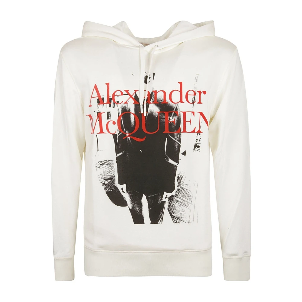 Alexander McQueen Logo Hoodie Sweatshirt Fram Grafiskt Tryck White, Herr