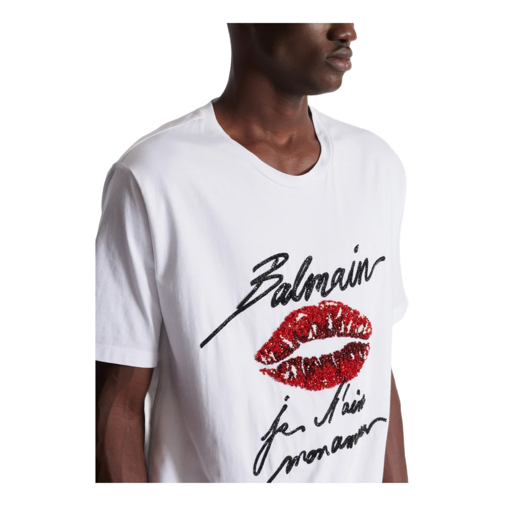 Balmain Geborduurd T-shirt met 'Love Letter' en lippen White Heren