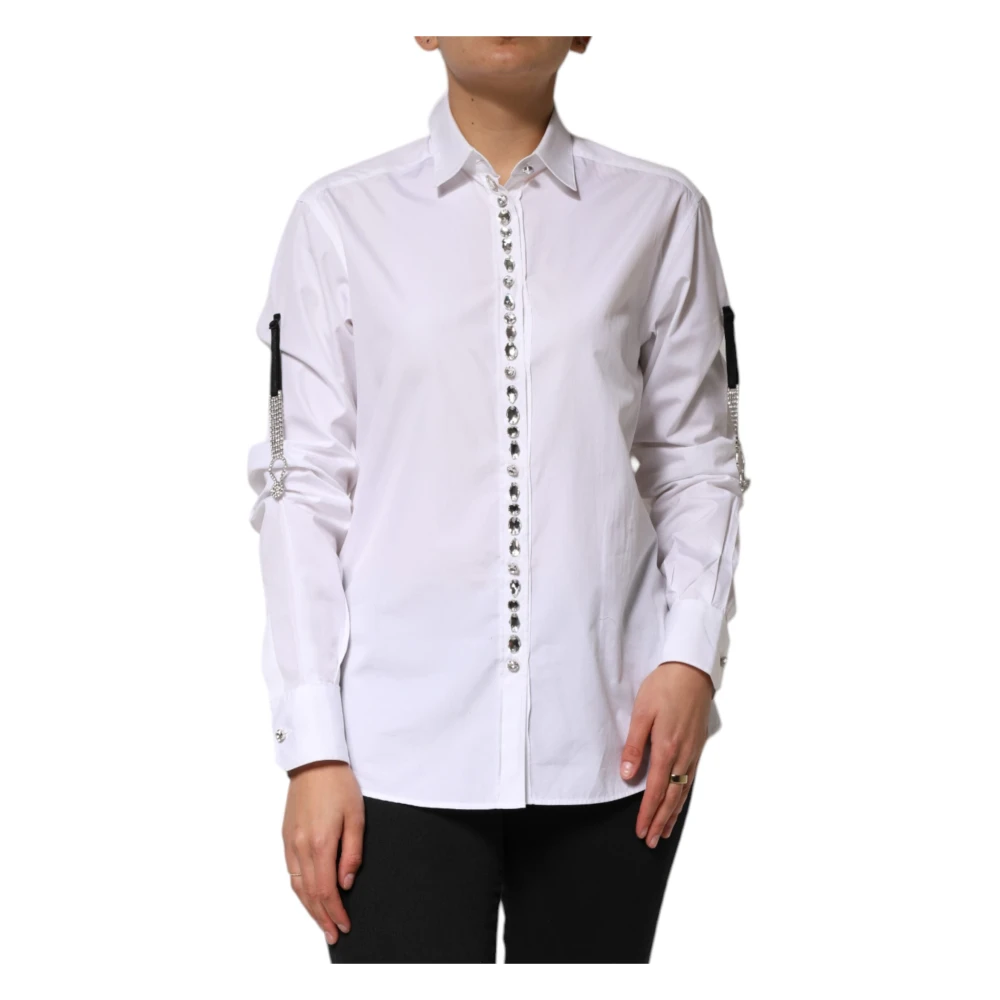 Dolce & Gabbana Women's White Shirts, Xs, Crystal Embellished Collared Shirt Top