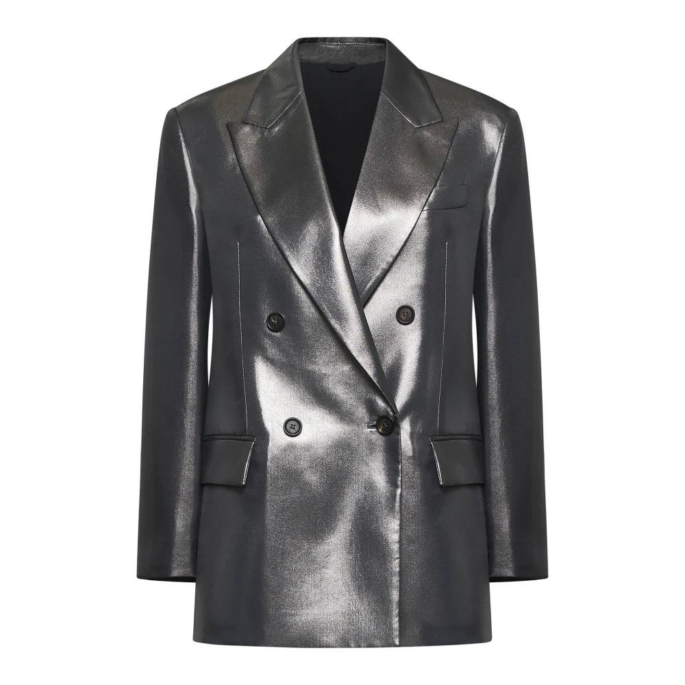 BRUNELLO CUCINELLI Zilver Zijden Twill Double-Breasted Blazer Gray Dames