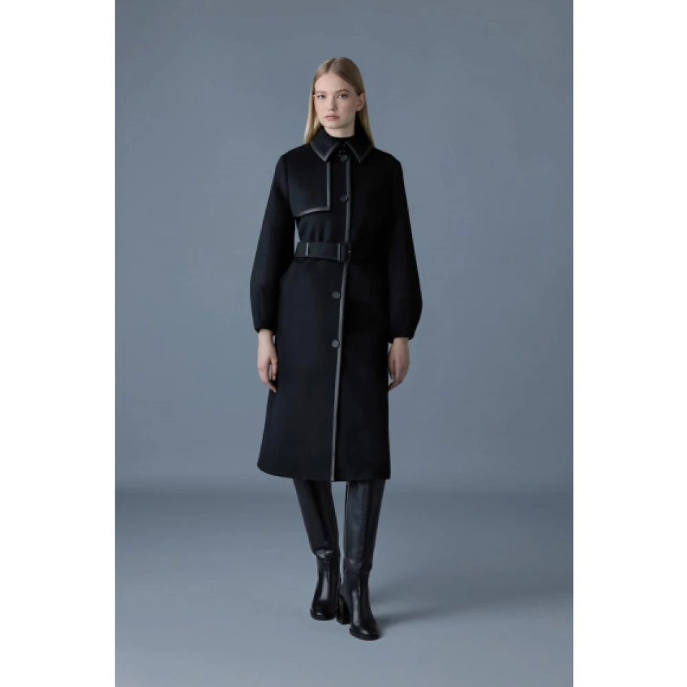 Mackage Zeva Lange wollen ballonmouw trenchcoat met leren detail Black Dames