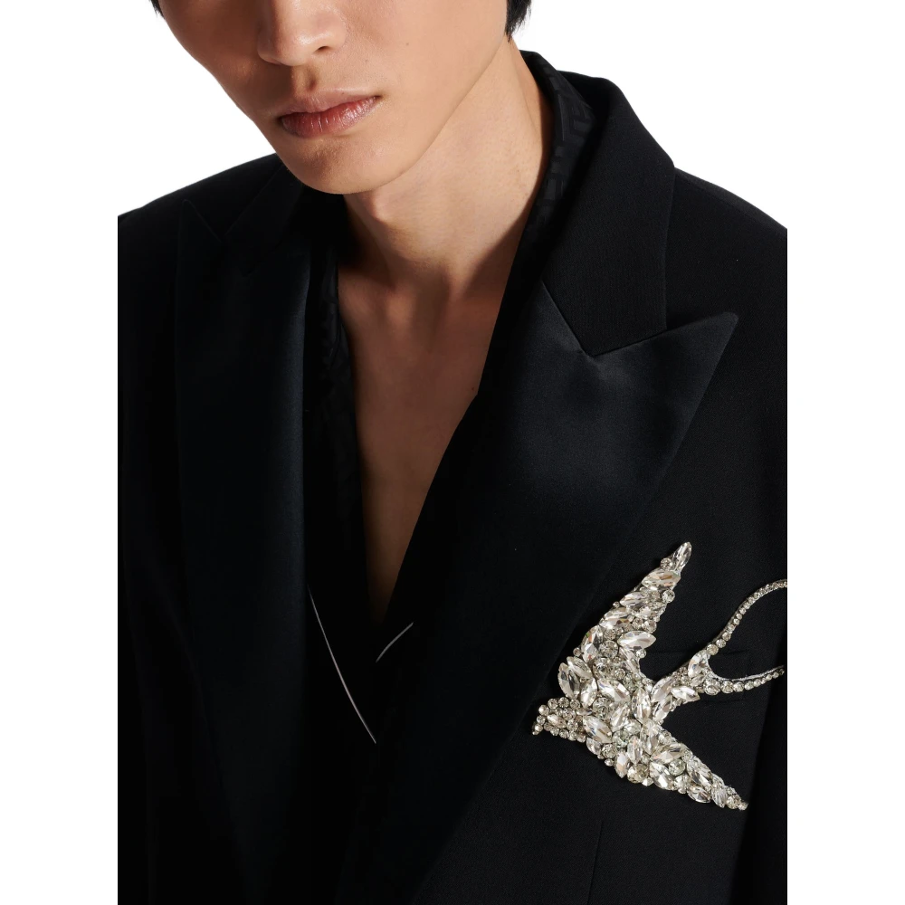 Balmain Aansluitende jas met strass knoop en zwaluw ontwerp Black Heren