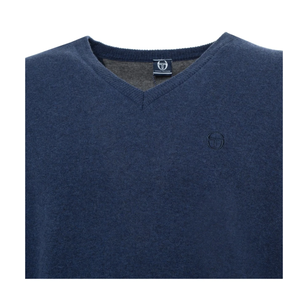 Sergio Tacchini V-hals Wollen Trui met Geribbelde Boorden en Zichtbaar Logo Blue Heren