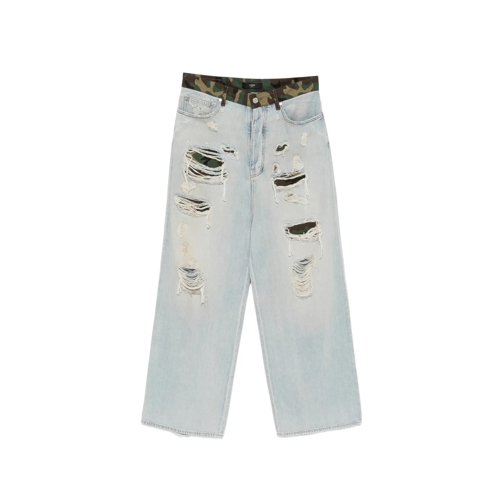 Amiri Blue Wide Jeans, Male, W31, Distressed Camouflage-Print Jeans