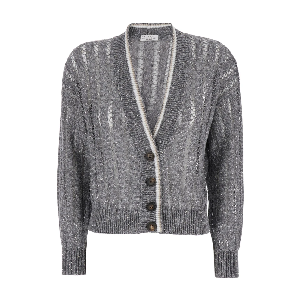 BRUNELLO CUCINELLI Schitterende Grijze Vest Pailletten Details Linnen Gray Dames