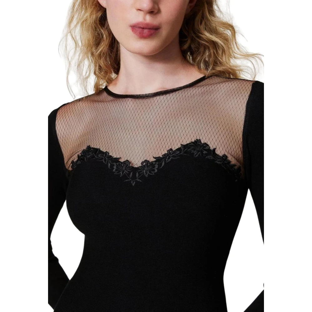 Twinset Zwarte Bloemen Geborduurde Jurk Black Dames