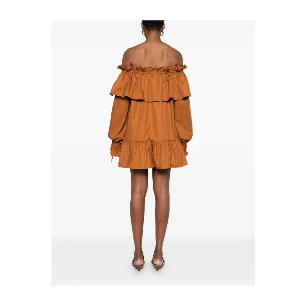 Saint Laurent Bruine Off-Shoulder Jurk met Zakken Brown Dames