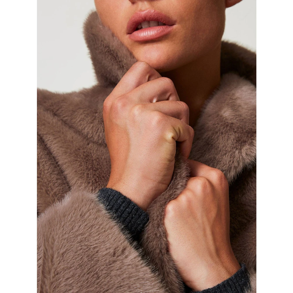 Twinset Imitatiebont Lange Jas Donker Taupe Gray Dames