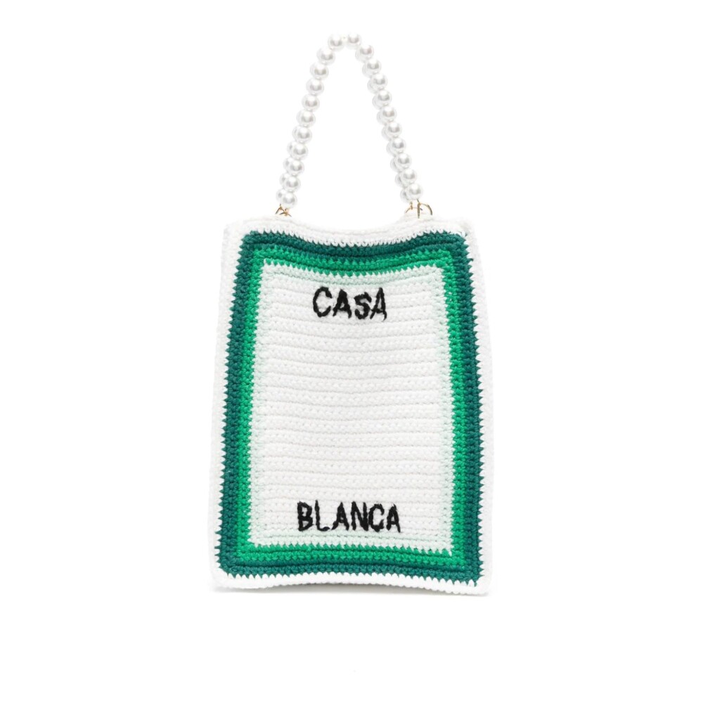 White Cotton Tote Bag with Crochet Knit and Stripe Detailing 