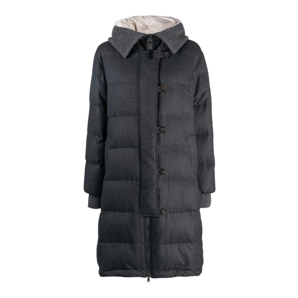 BRUNELLO CUCINELLI Grijze gewatteerde jas met gebreide afwerking Gray Dames