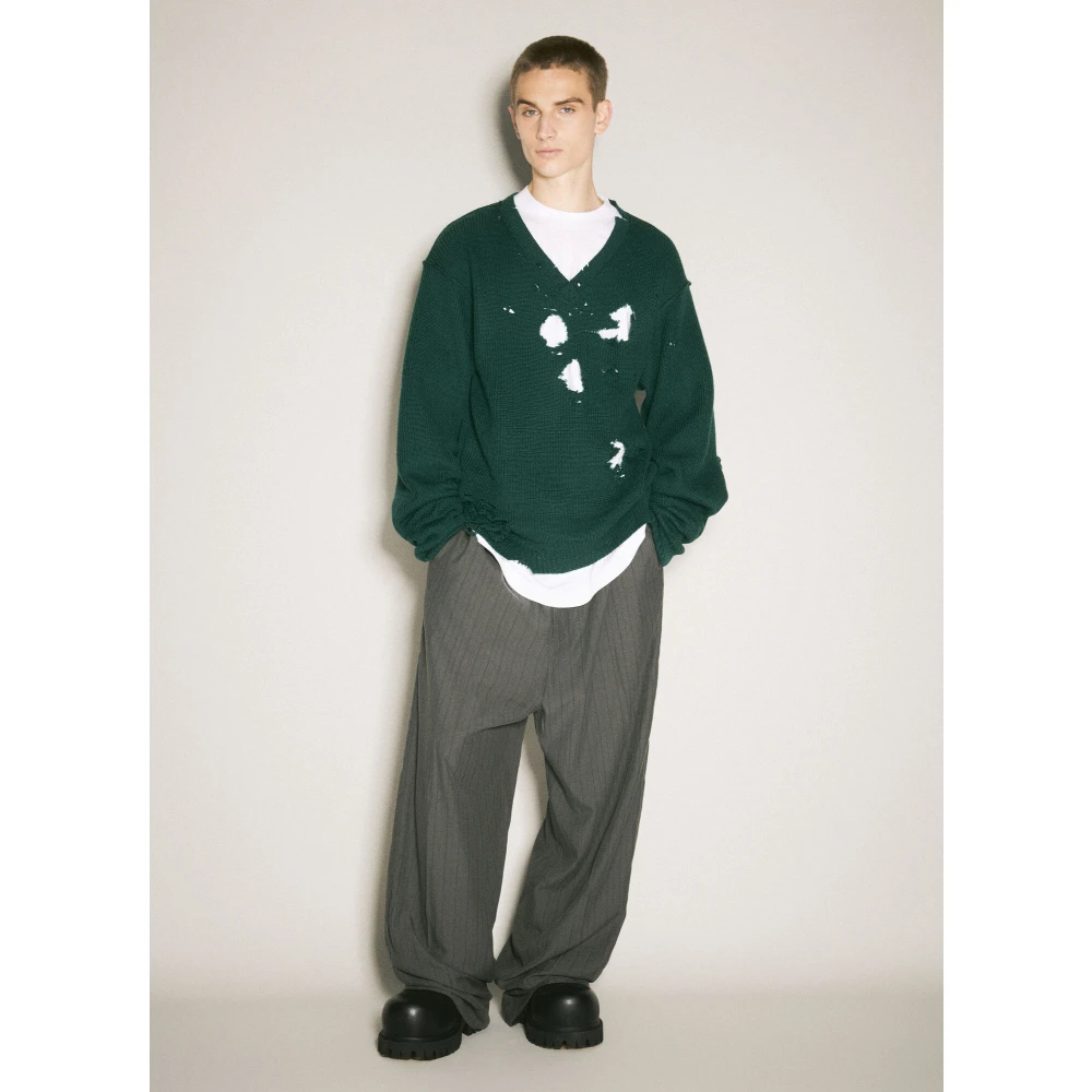 Vetements Vernielde Wollen Gebreide V-hals Trui Green Heren
