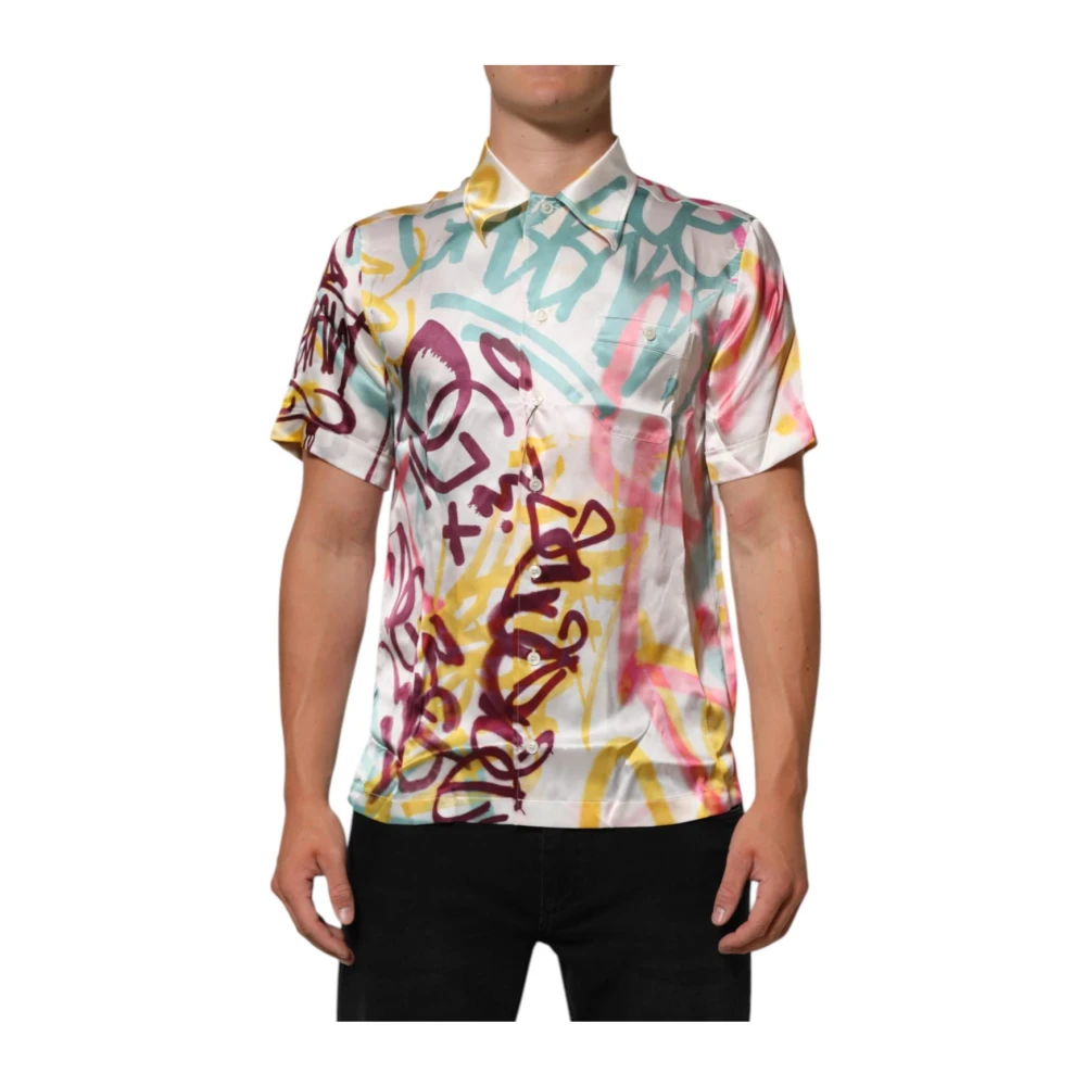 Dolce & Gabbana Men's Silk Hawaiian Graffiti Print Casual Shirt