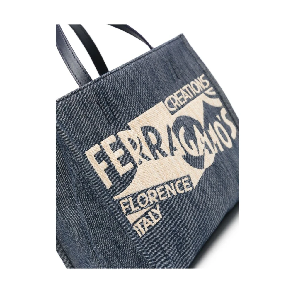 Salvatore Ferragamo Blauw Beige Denim Tote Tas Blue Dames