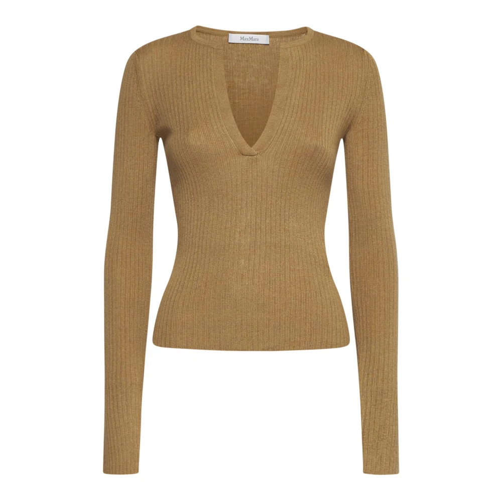 Max Mara Brown V-Neck Knitwear, Female, L, Urlo Silk Cashmere Jumper