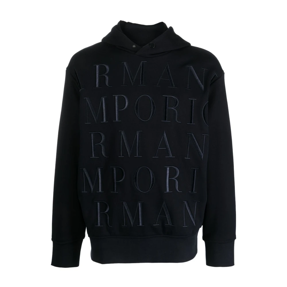 Emporio Armani Blauwe Logo-Geborduurde Katoenen Hoodie Blue Heren