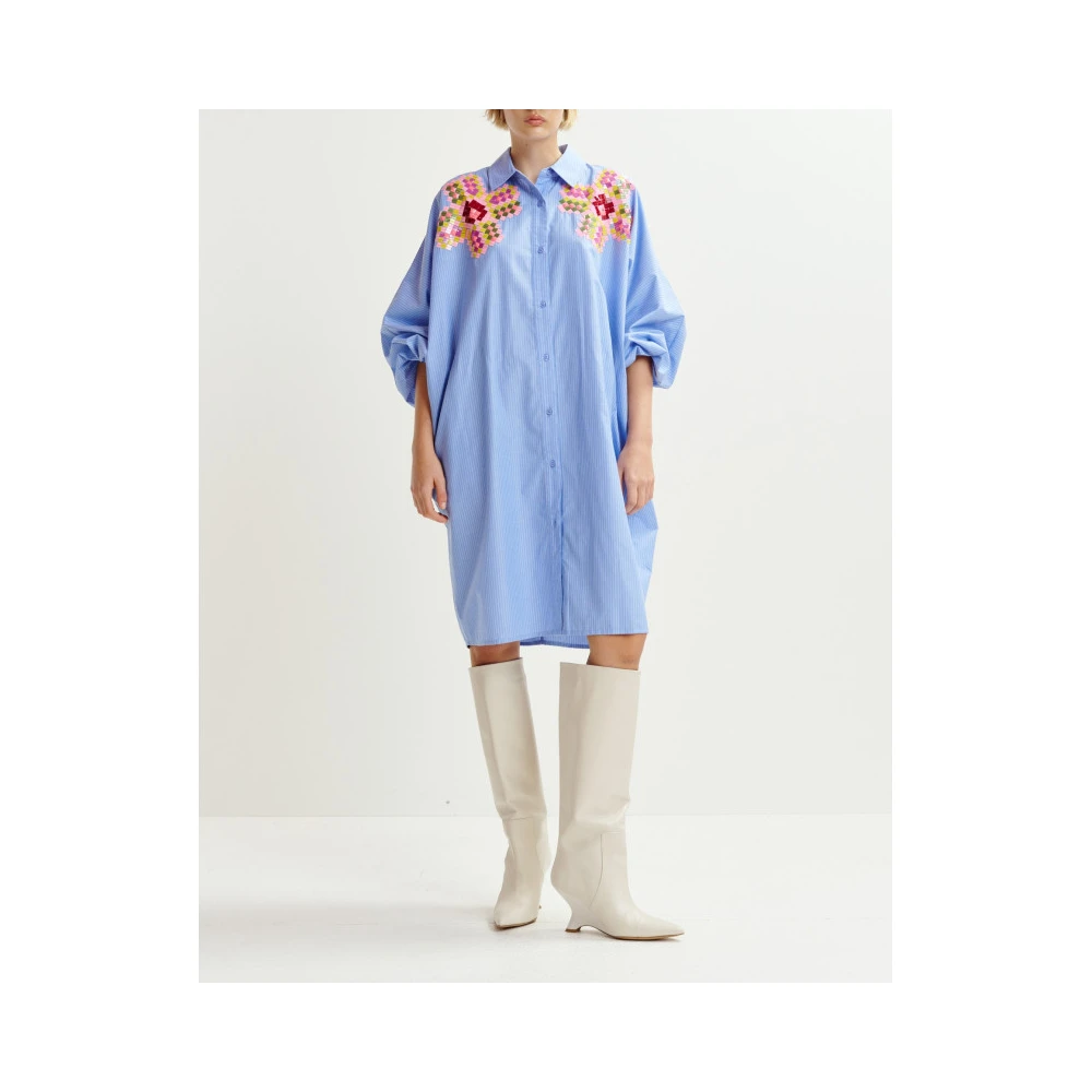 Essentiel Antwerp Gestreepte overhemdjurk met kleurrijke borduursels Blue Dames