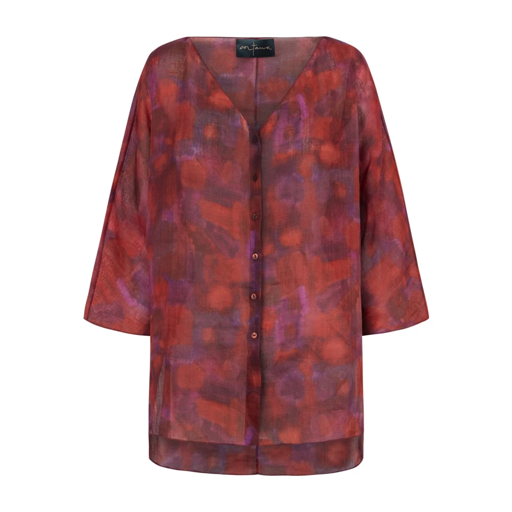 Cortana Donna Rosso - Blusa Scollo A V Con Stampa Acquerello - Blouses & Shirts - 2XS
