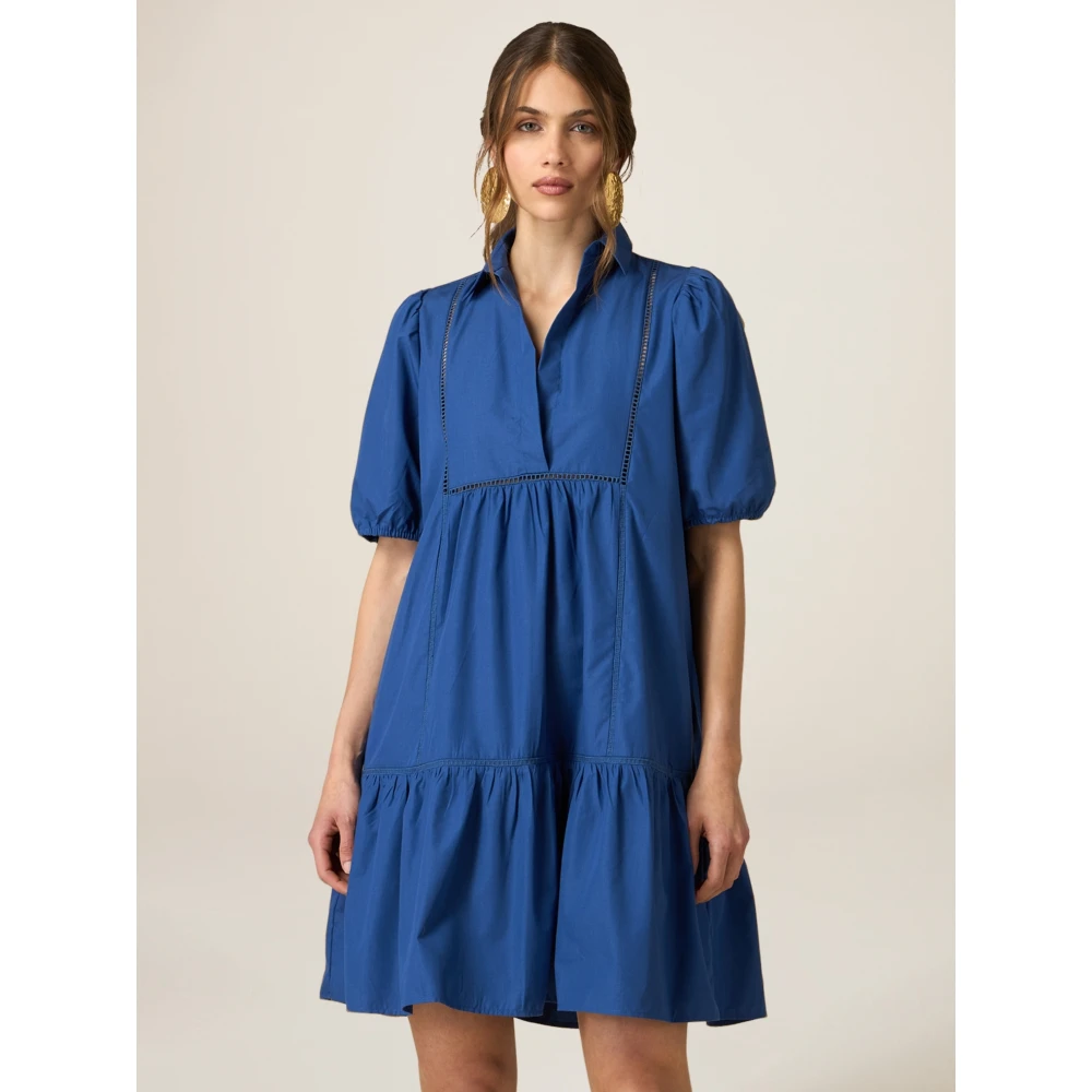 Oltre Korte Katoenen Jurk met Ajour Detail Blue Dames