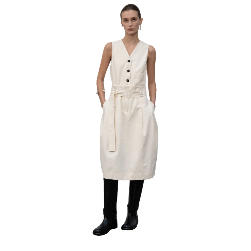 LOW Classic Chique Geriemde Katoenen Midi Jurk Beige Dames