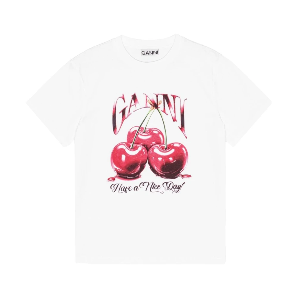 Ganni White Graphic Print Round Neck T-Shirt - Female - T-Shirts - L - Tops