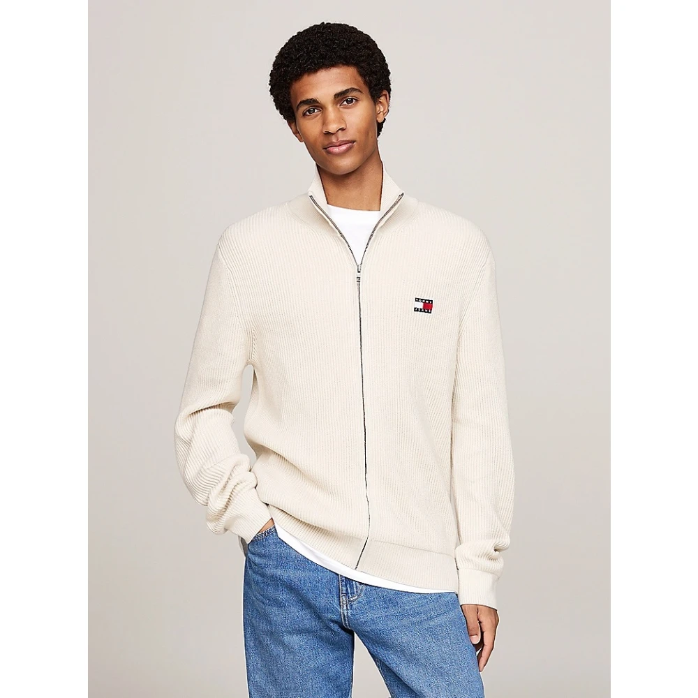 Tommy Jeans Ribgebreide Vest met Rits en Badge Beige Heren