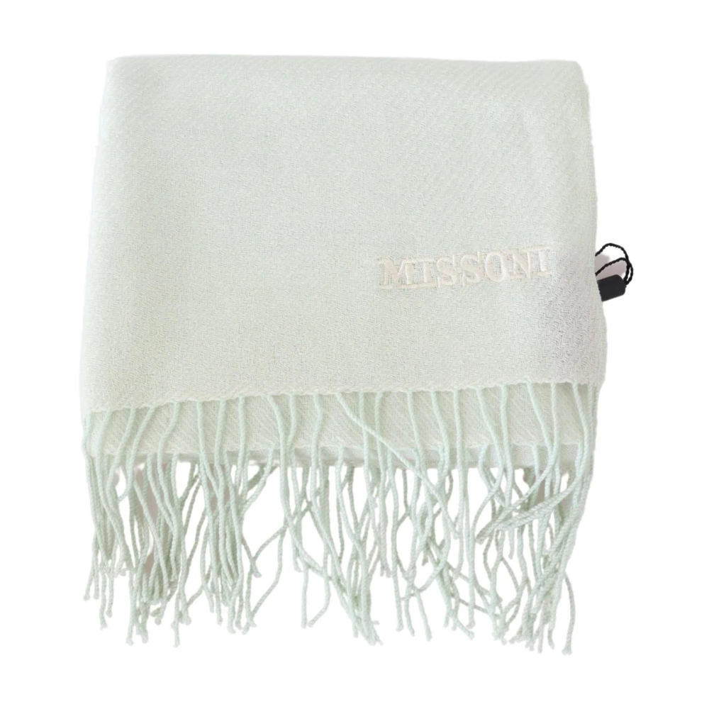 Missoni Light Green Pattern Cashmere Unisex Wrap Fringes Scarf - Image 3