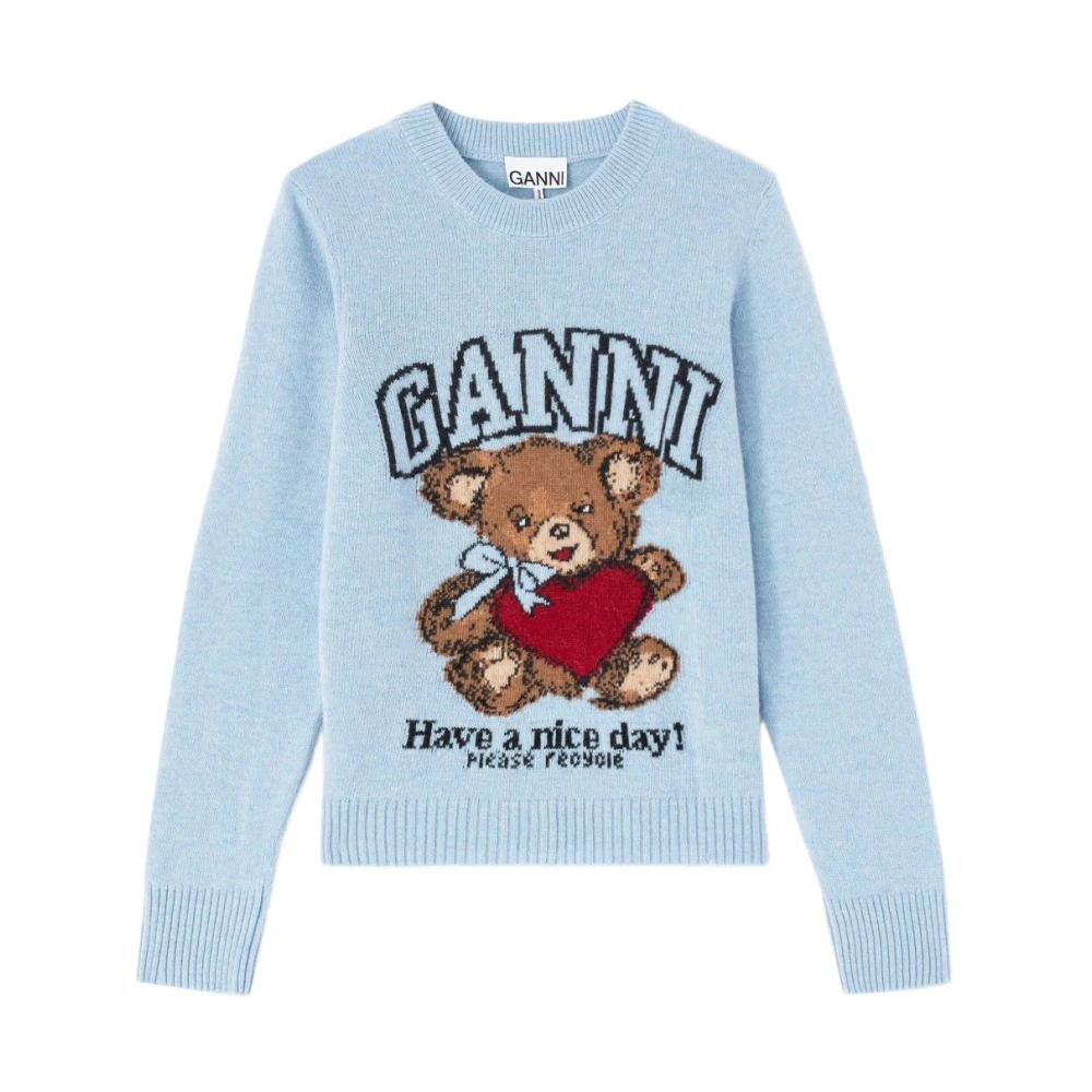Ganni Women's Blue Round-Neck Knitwear, M, Teddy Graphic Jumper