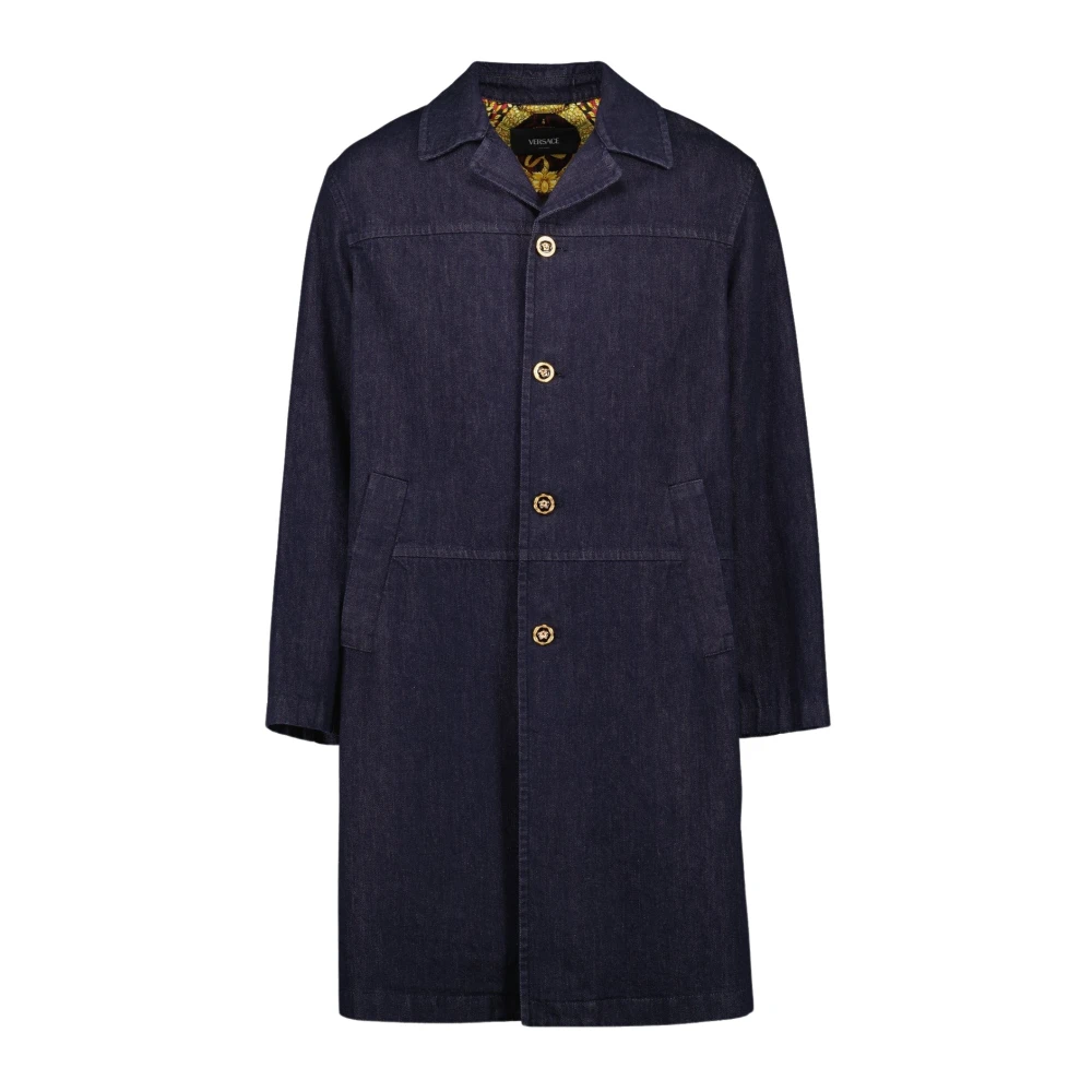 Versace Stijlvolle Ruwe Denim Lange Jas Blue Heren