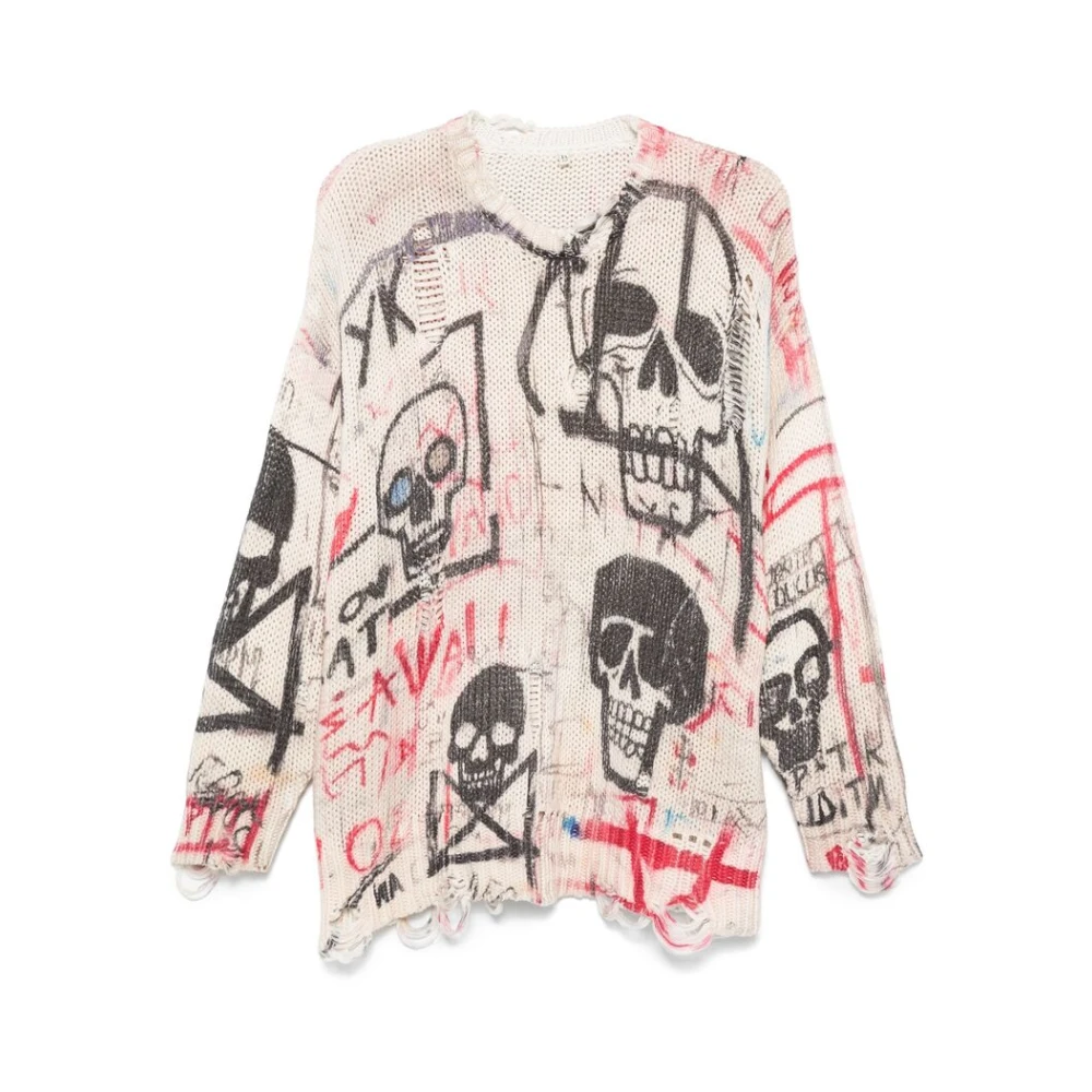 R13 Ecru Trui met Ronde Hals en Gescheurde Details Multicolor Dames
