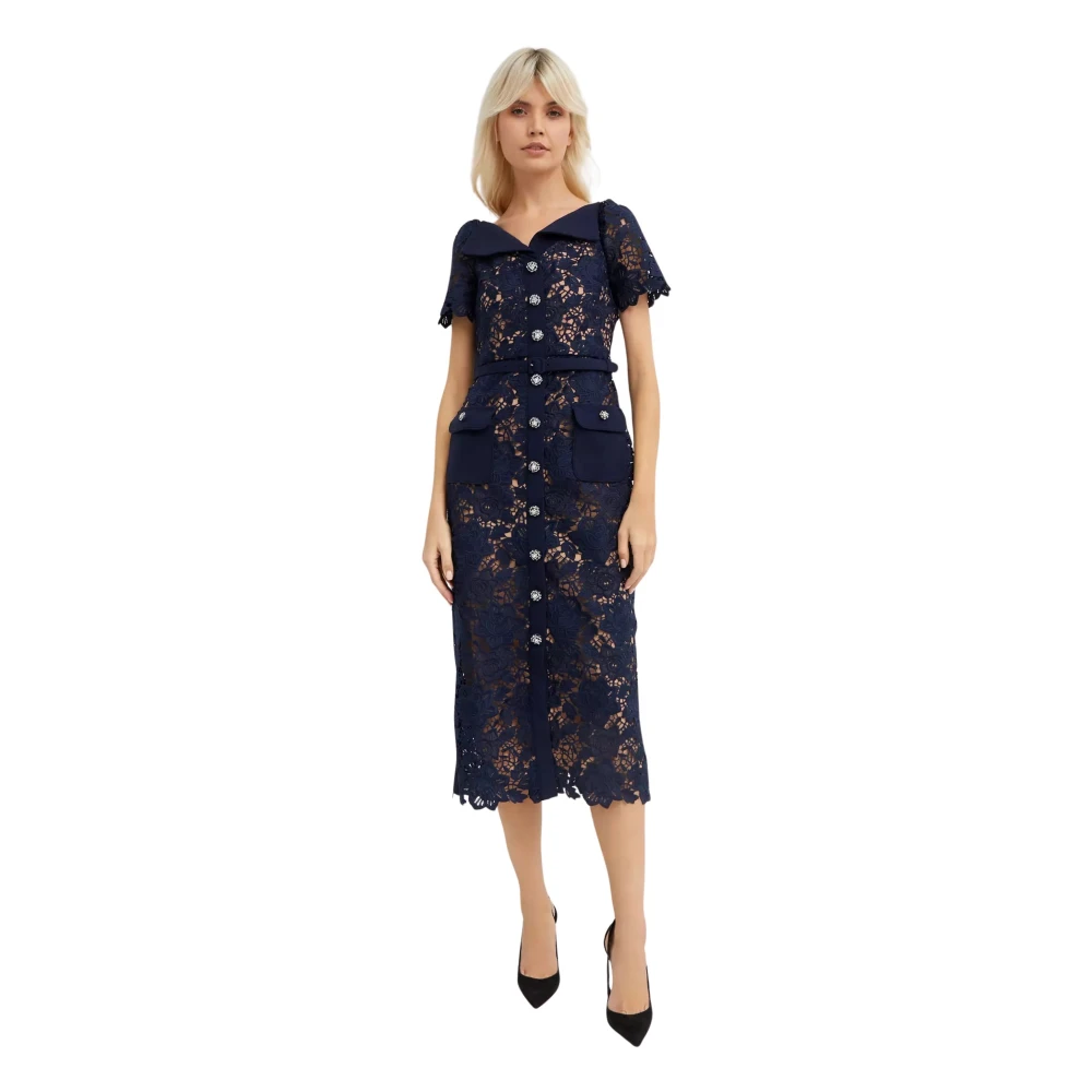 Self Portrait Navy Kant Knielengte Jurk Black Dames