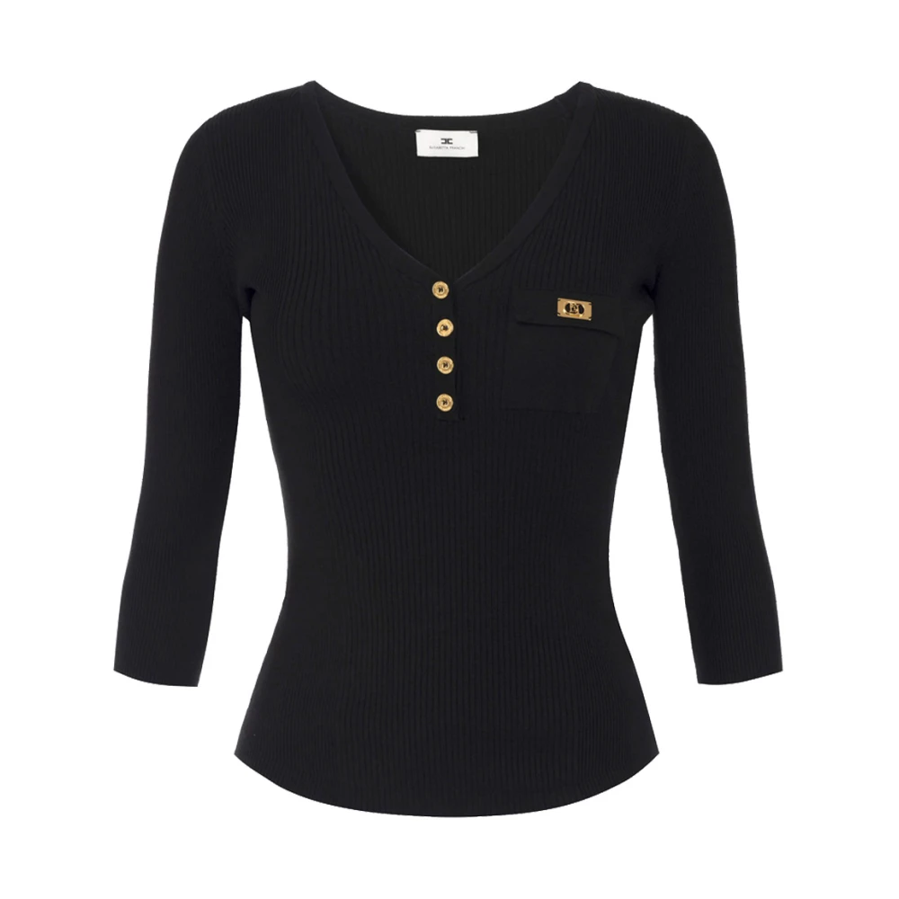 Elisabetta Franchi Zwarte Trui met V-hals en Gouden Details Black Dames