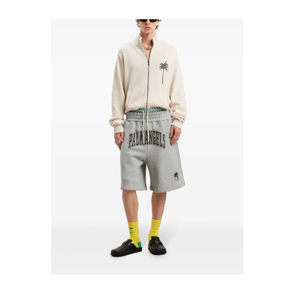 Palm Angels Logo Print Grijze Trekkoord Shorts Gray Heren