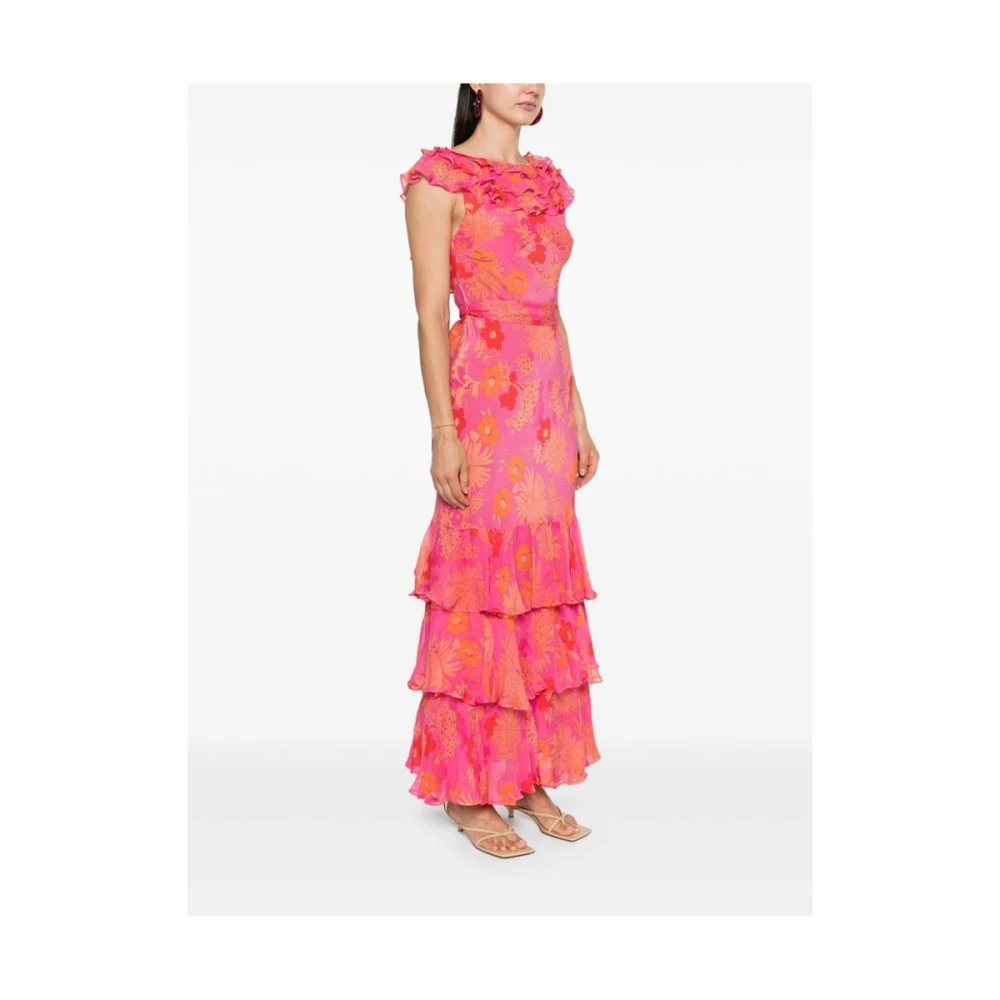 Rixo Bloemenprint zijden jurk met ruches Pink Dames